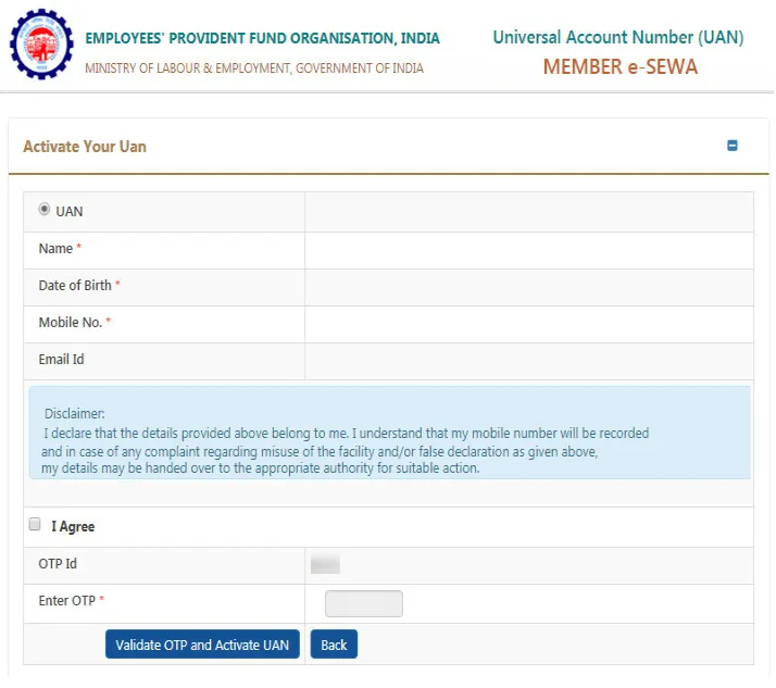 validate otp on Uan Portal